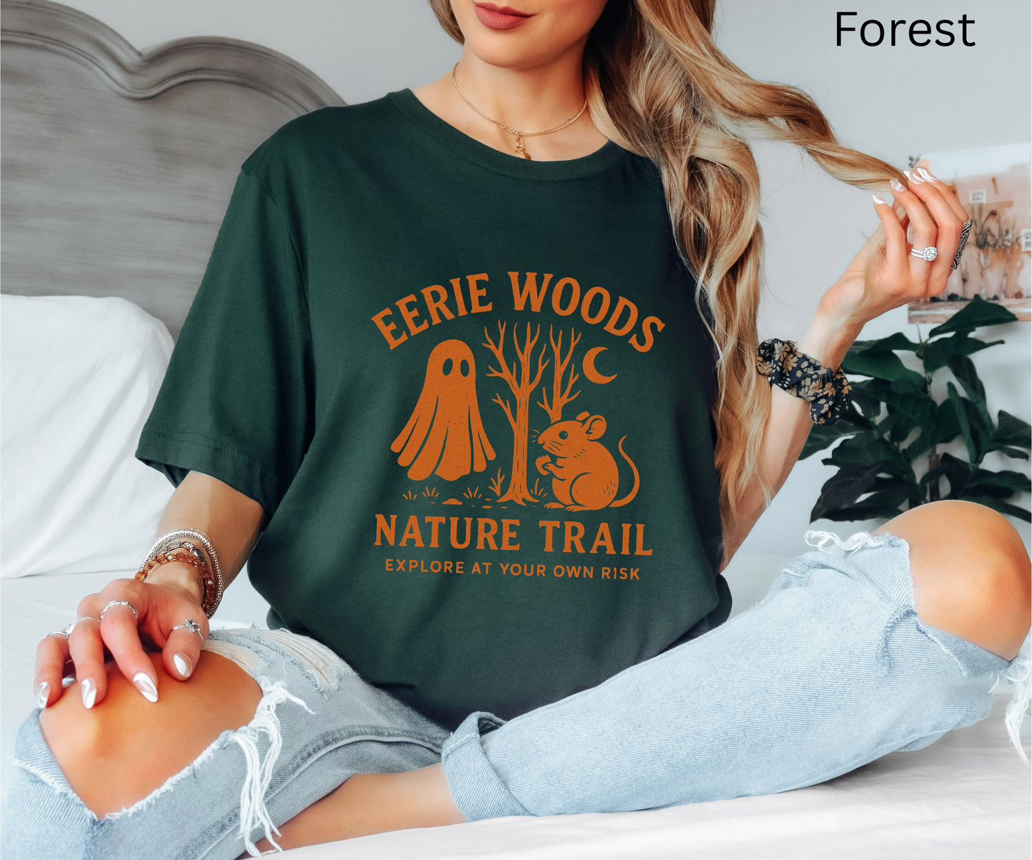 Eerie Woods Nature Trail T-Shirt - Spooky Ghost & Mouse Graphic Tee, Funny Halloween Hiking Shirt, Campfire Top, Fall Gift