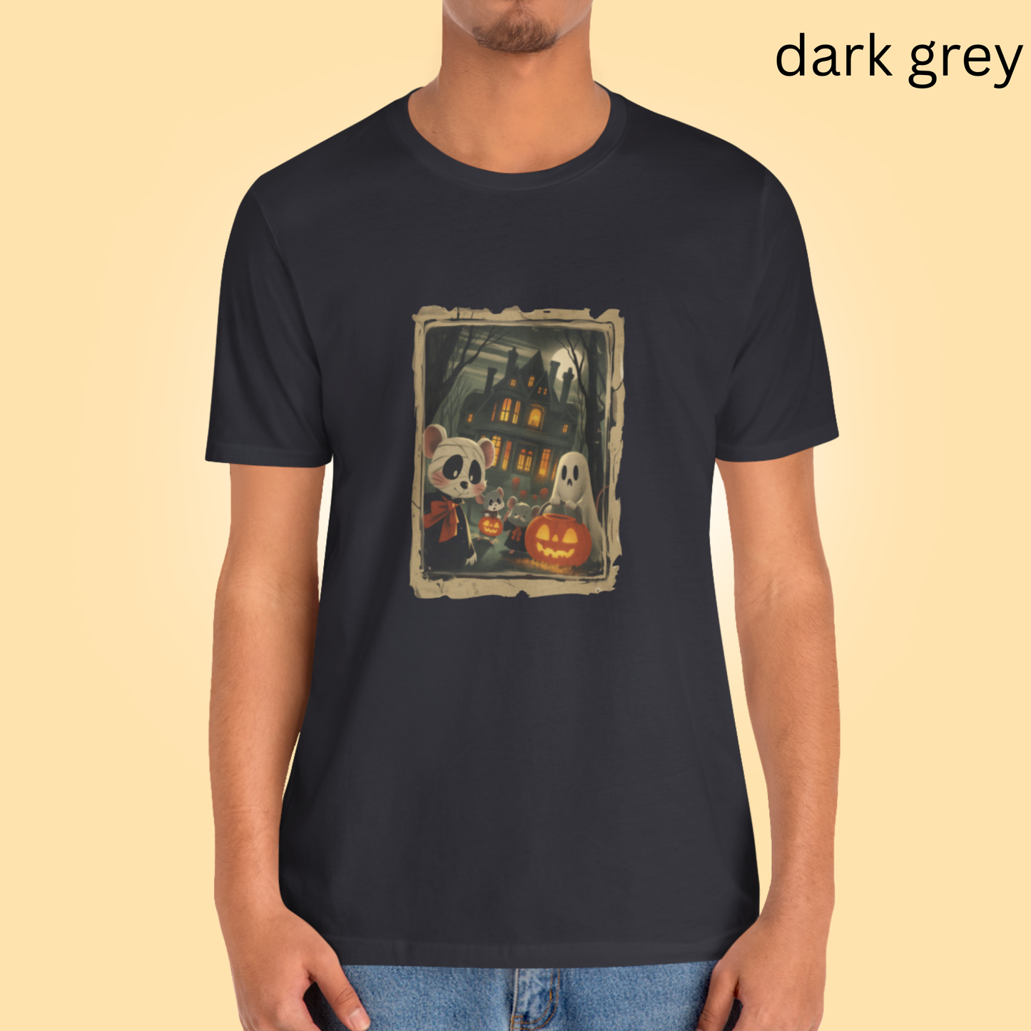 Cute Halloween T Shirt with Cute Mice, Ghosts, Pumpkins and Haunted House, Spooky Fall Graphic Tee for Trick or Treat and Costume Parties
