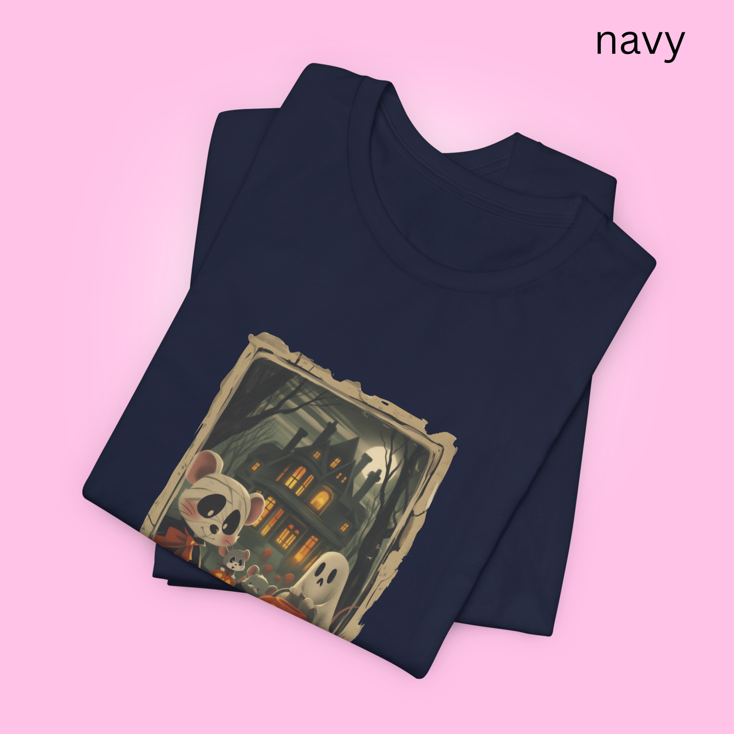 Cute Halloween T Shirt with Cute Mice, Ghosts, Pumpkins and Haunted House, Spooky Fall Graphic Tee for Trick or Treat and Costume Parties