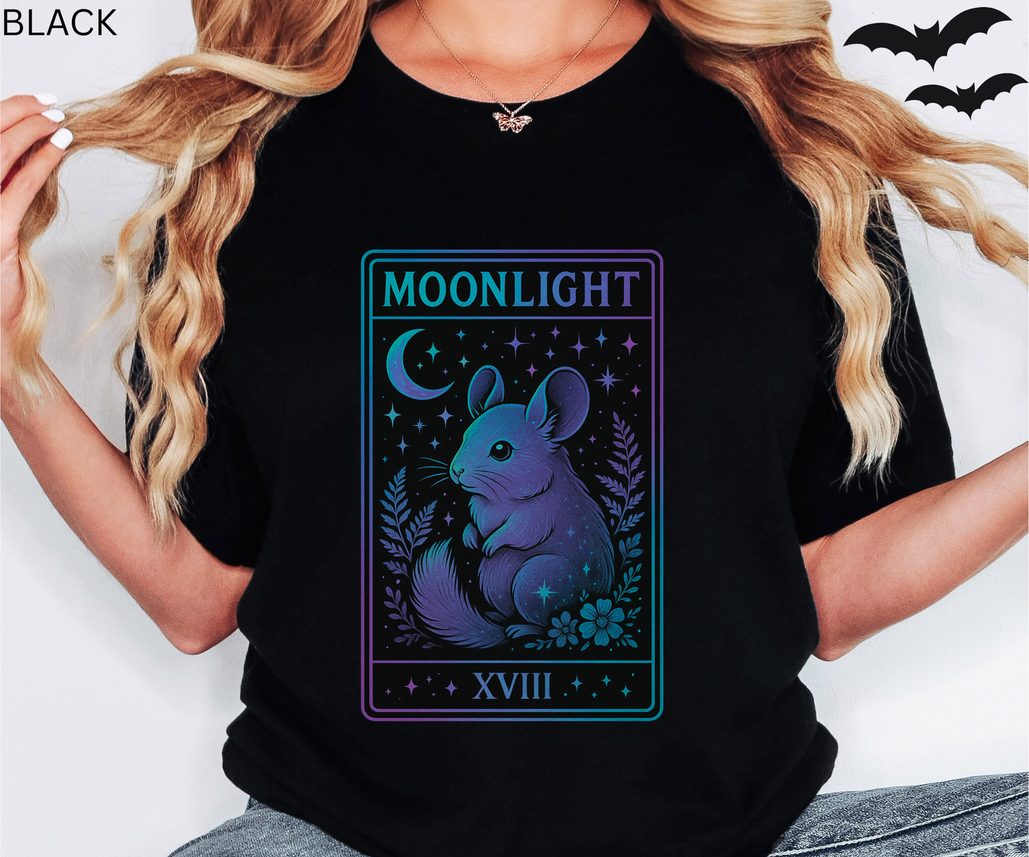 Moonlight Tarot Chinchilla Shirt - Celestial Animal T-Shirt, Witchy Graphic Tee, Astrology Moon Stars Top, Mystical Occult Gothic Gift