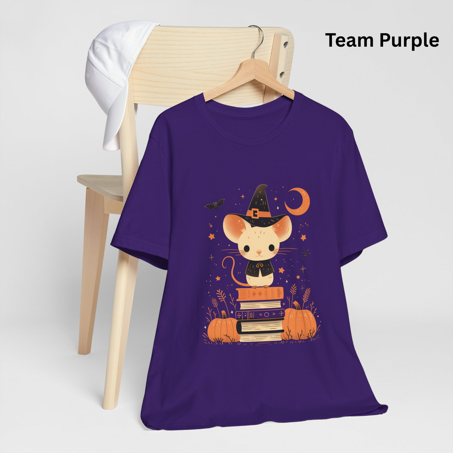 Fall Colors Cute Mouse Unisex Tee, Pumpkin Book Pile Shirt, Autumn Graphic T-Shirt, Gift for Readers, Halloween Tee, Thanksgiving Apparel