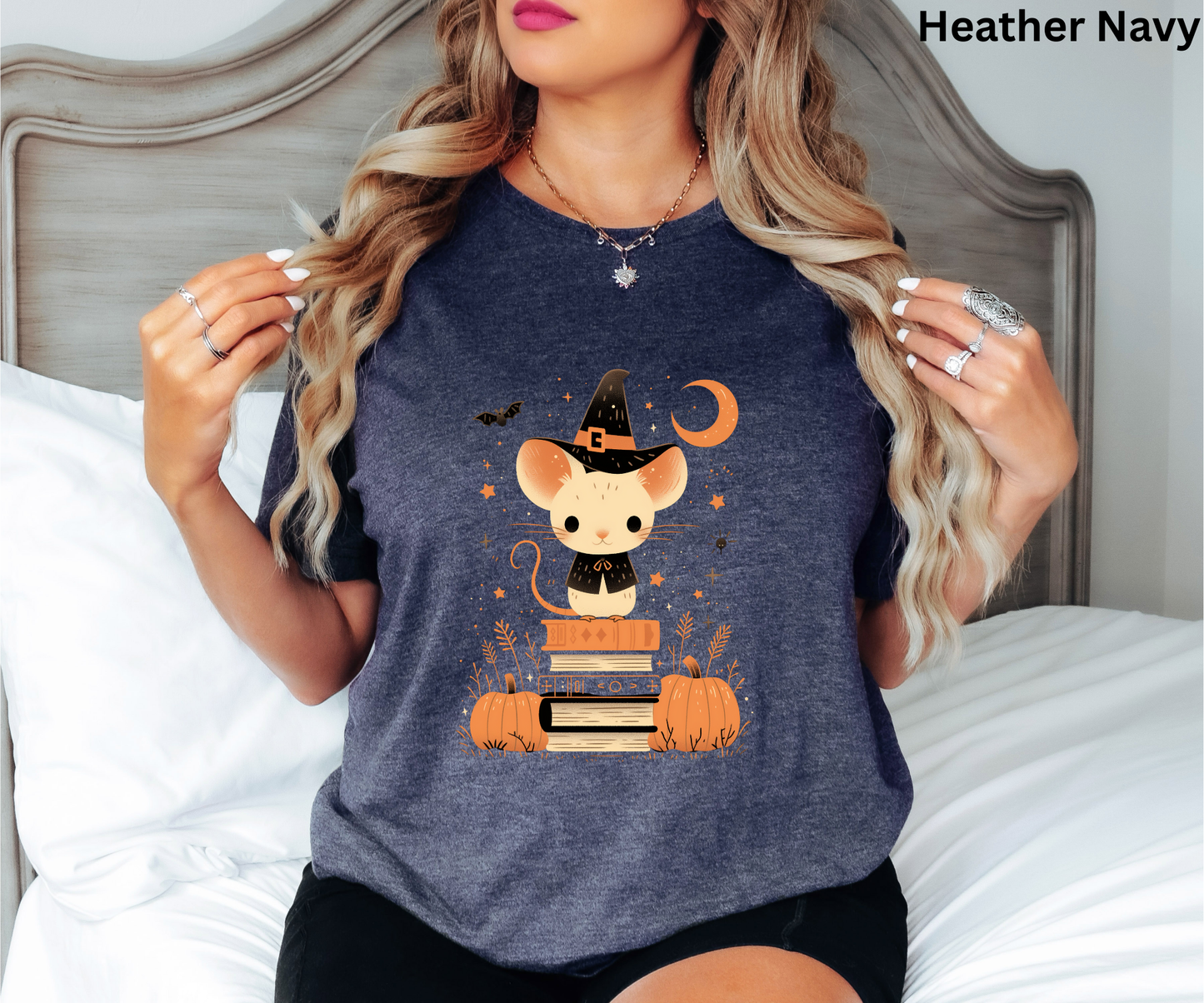 Fall Colors Cute Mouse Unisex Tee, Pumpkin Book Pile Shirt, Autumn Graphic T-Shirt, Gift for Readers, Halloween Tee, Thanksgiving Apparel
