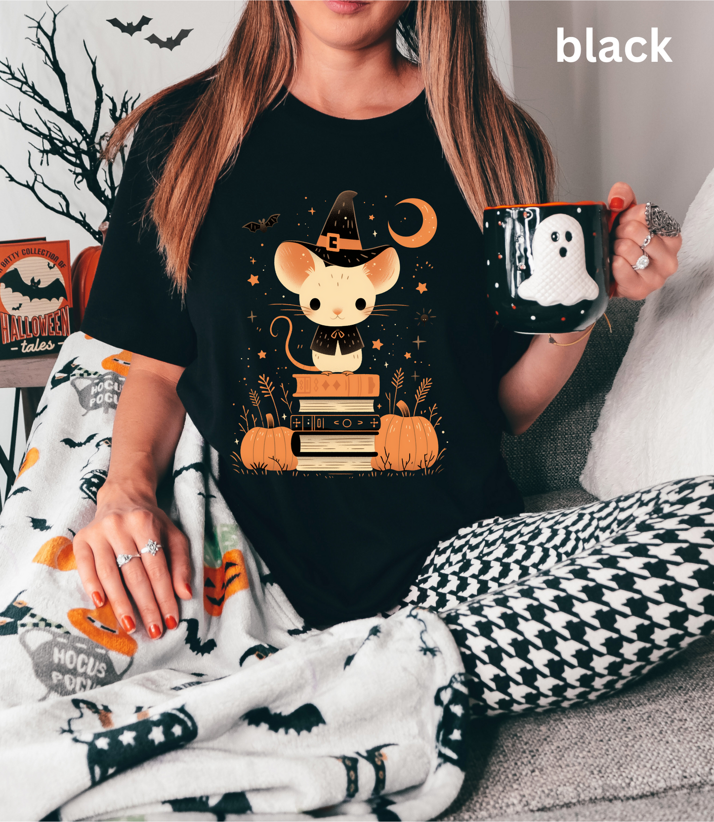 Fall Colors Cute Mouse Unisex Tee, Pumpkin Book Pile Shirt, Autumn Graphic T-Shirt, Gift for Readers, Halloween Tee, Thanksgiving Apparel