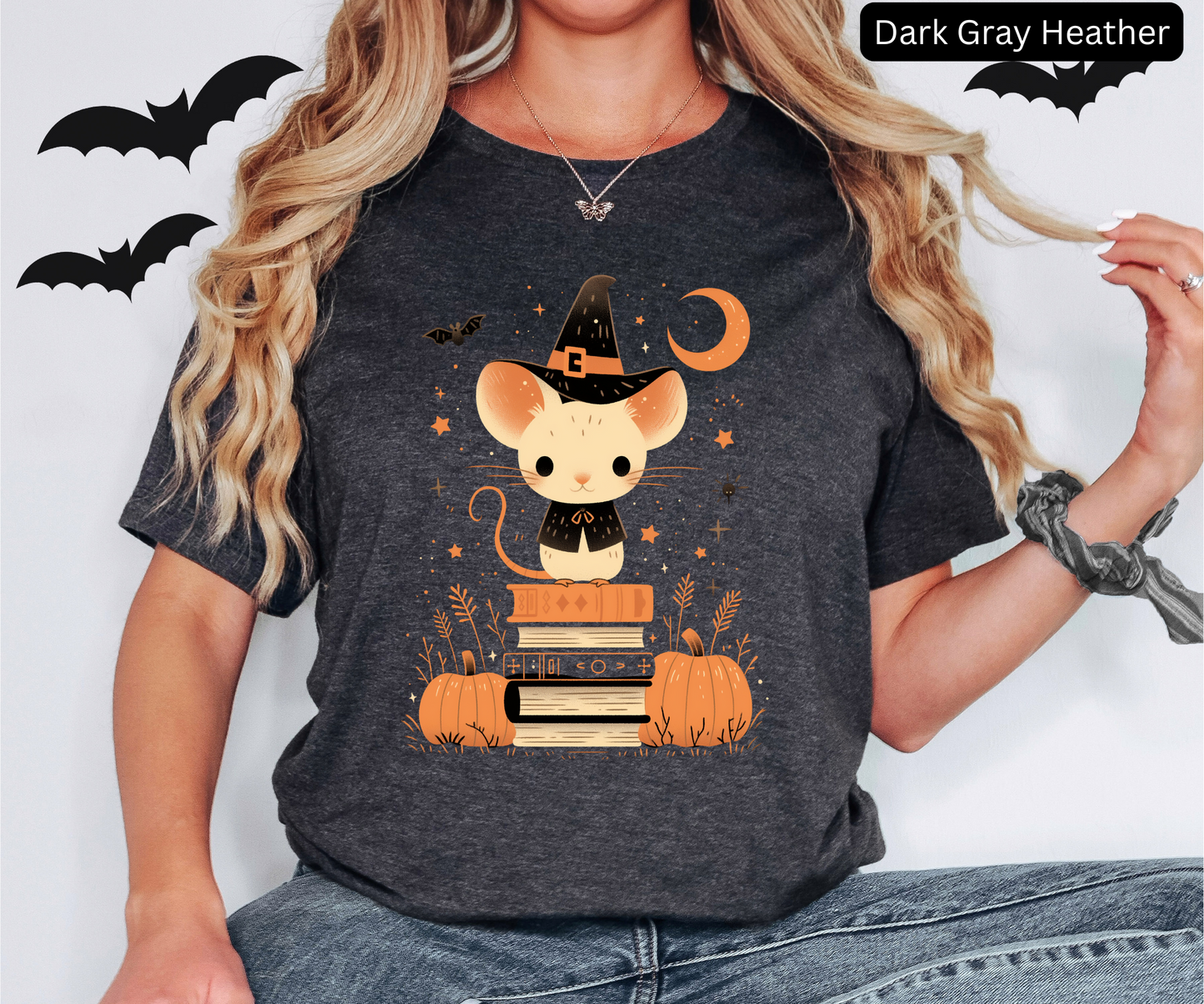 Fall Colors Cute Mouse Unisex Tee, Pumpkin Book Pile Shirt, Autumn Graphic T-Shirt, Gift for Readers, Halloween Tee, Thanksgiving Apparel