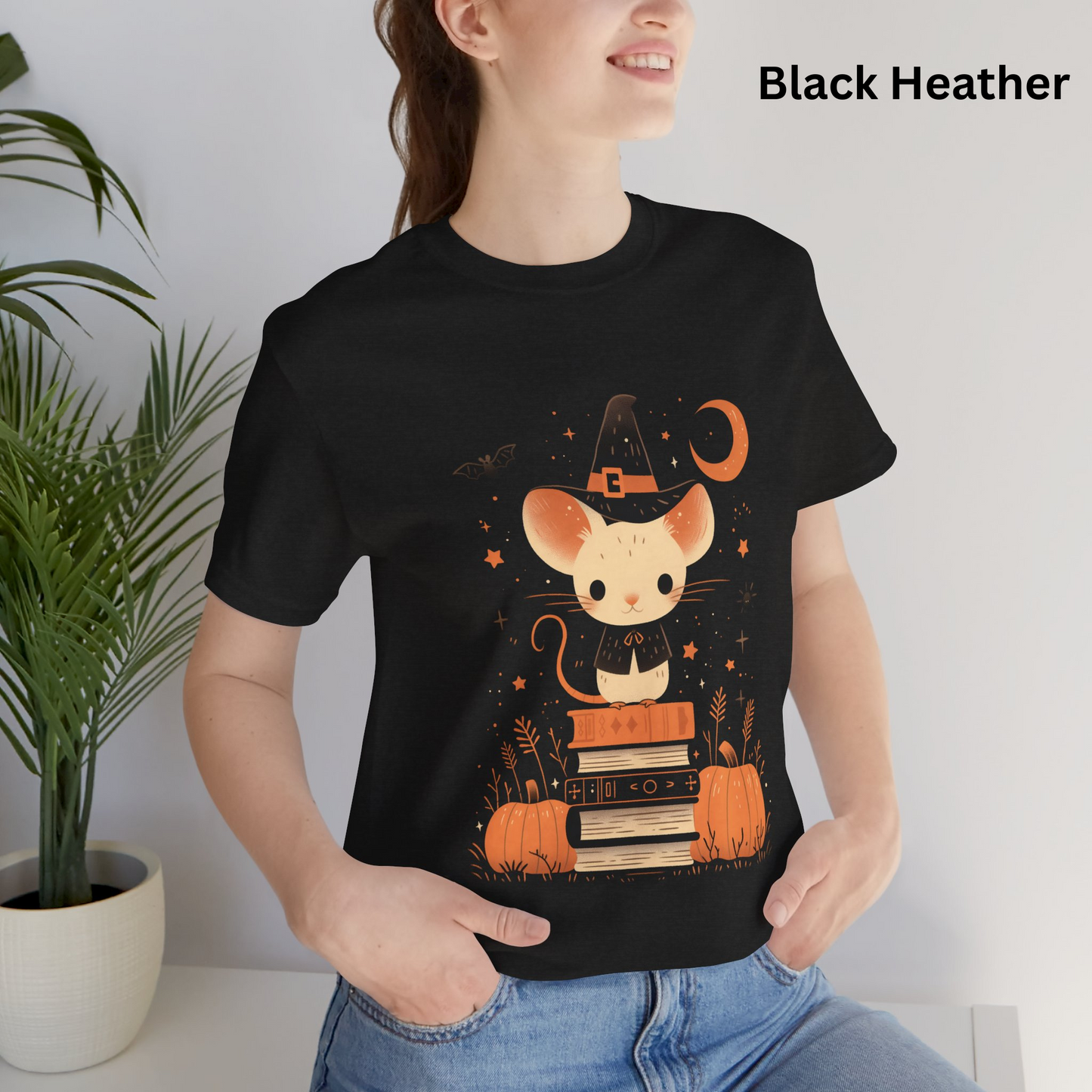 Fall Colors Cute Mouse Unisex Tee, Pumpkin Book Pile Shirt, Autumn Graphic T-Shirt, Gift for Readers, Halloween Tee, Thanksgiving Apparel