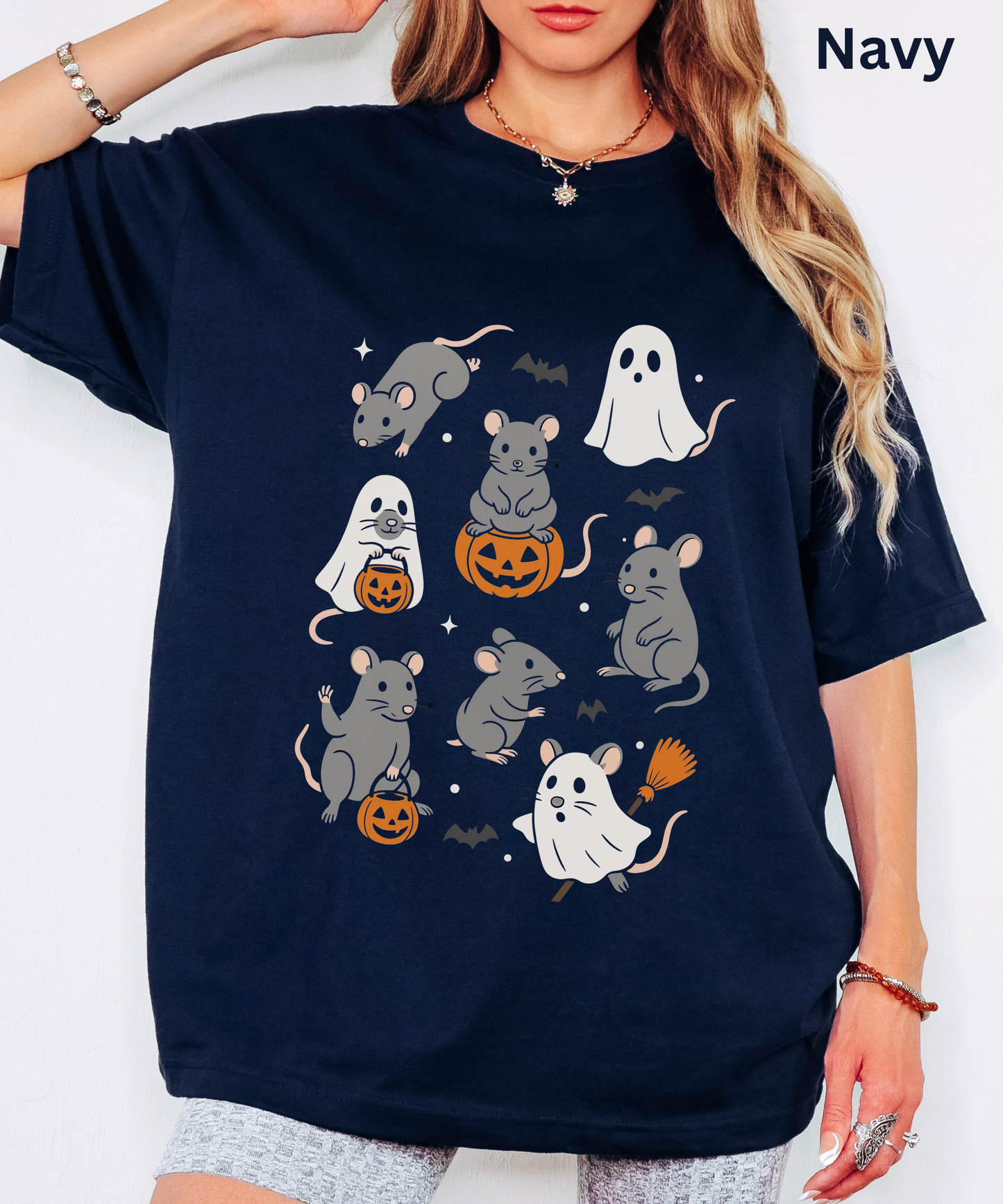 Halloween Ghost Mouse T-Shirt - Spooky Cute Rodent Graphic Tee with Pumpkins and Bats Trick or Treat Costume Shirt