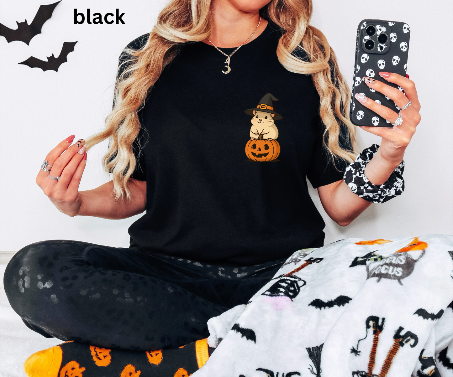 Minimalist kawaii Hamster Halloween T Shirt - Cute Witch Hat Pumpkin Pocket Size Style Graphic Tee, Spooky Subtle Fall Outfit Gift