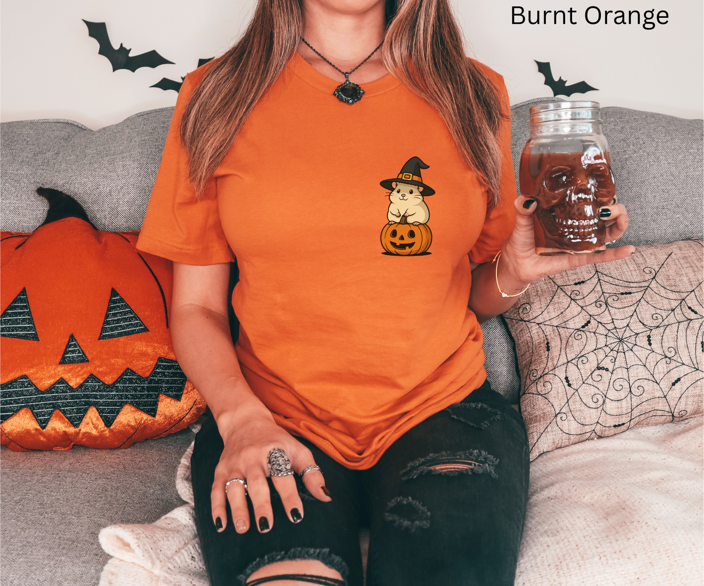 Minimalist kawaii Hamster Halloween T Shirt - Cute Witch Hat Pumpkin Pocket Size Style Graphic Tee, Spooky Subtle Fall Outfit Gift