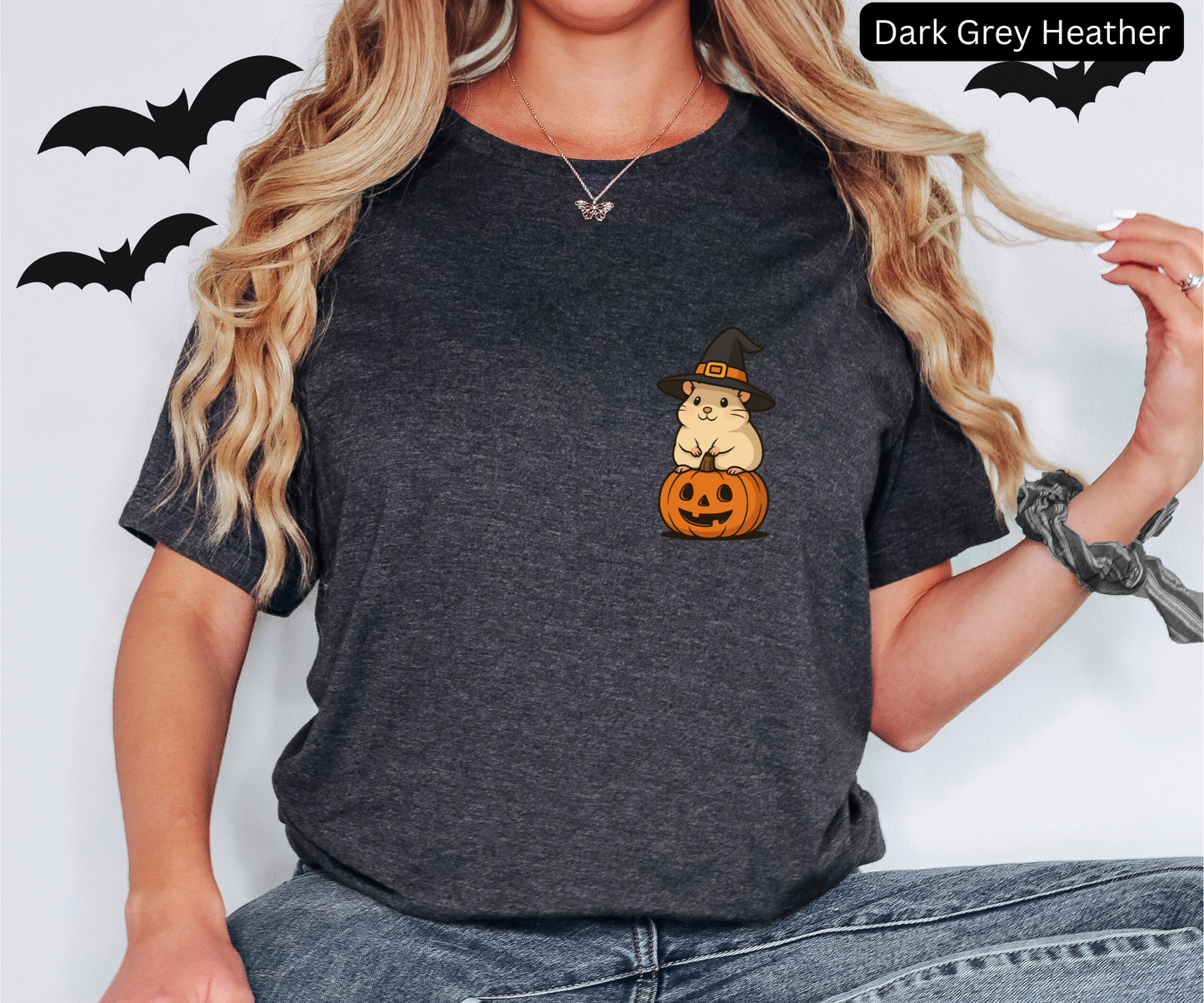 Minimalist kawaii Hamster Halloween T Shirt - Cute Witch Hat Pumpkin Pocket Size Style Graphic Tee, Spooky Subtle Fall Outfit Gift