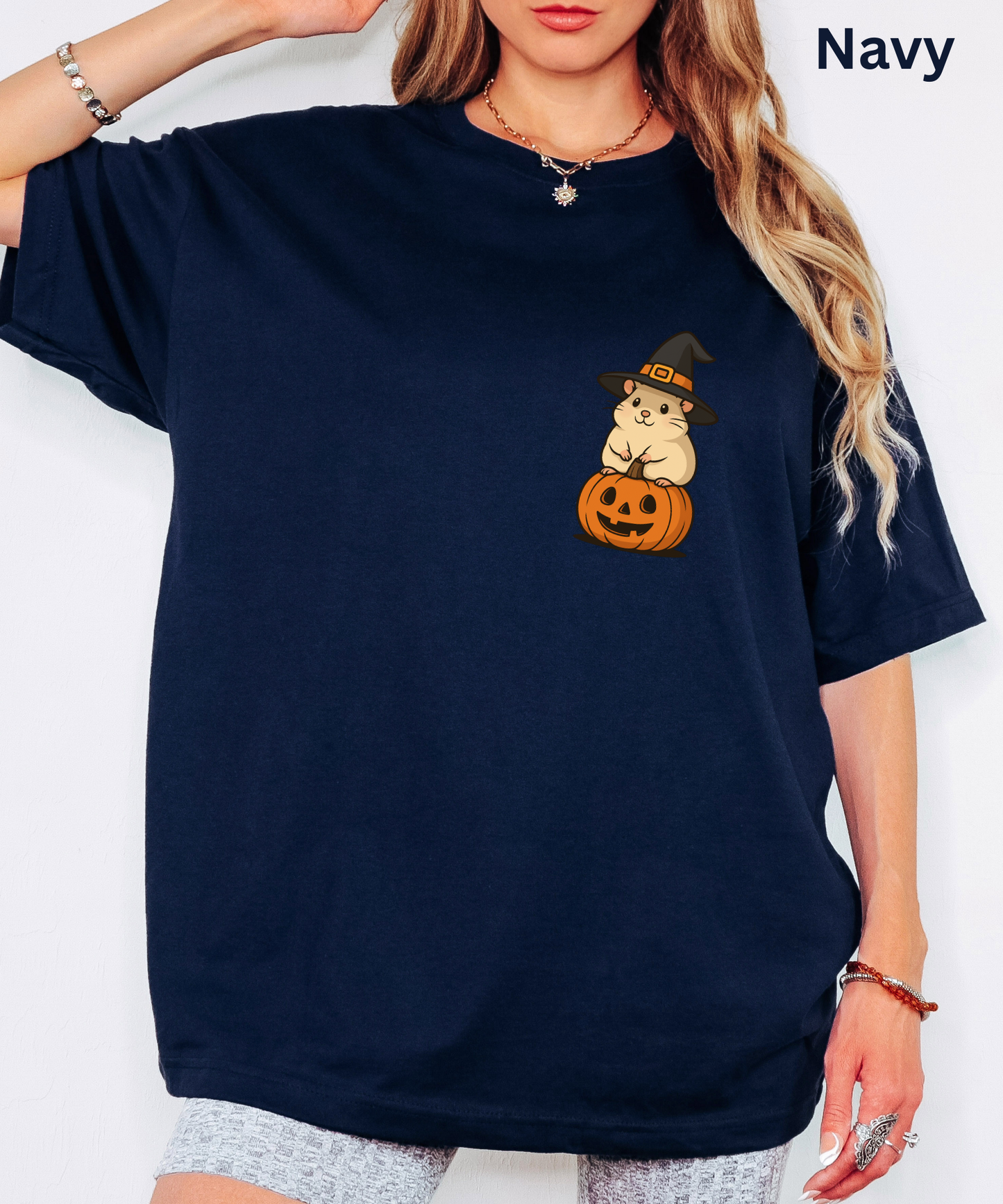 Minimalist kawaii Hamster Halloween T Shirt - Cute Witch Hat Pumpkin Pocket Size Style Graphic Tee, Spooky Subtle Fall Outfit Gift