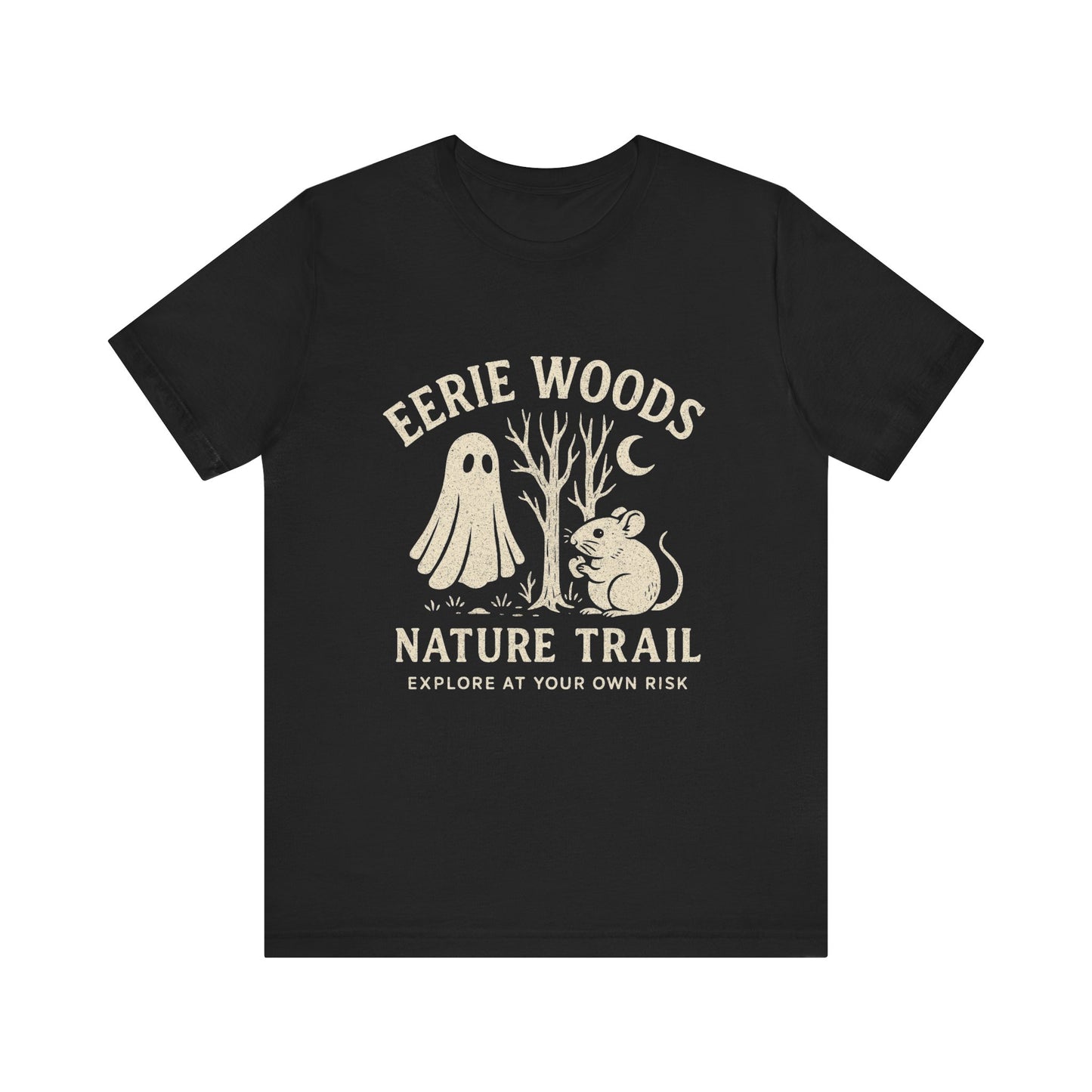 Eerie Woods Nature Trail T-Shirt - Spooky Ghost & Mouse Graphic Tee, Funny Halloween Hiking Shirt, Campfire Fall Gift