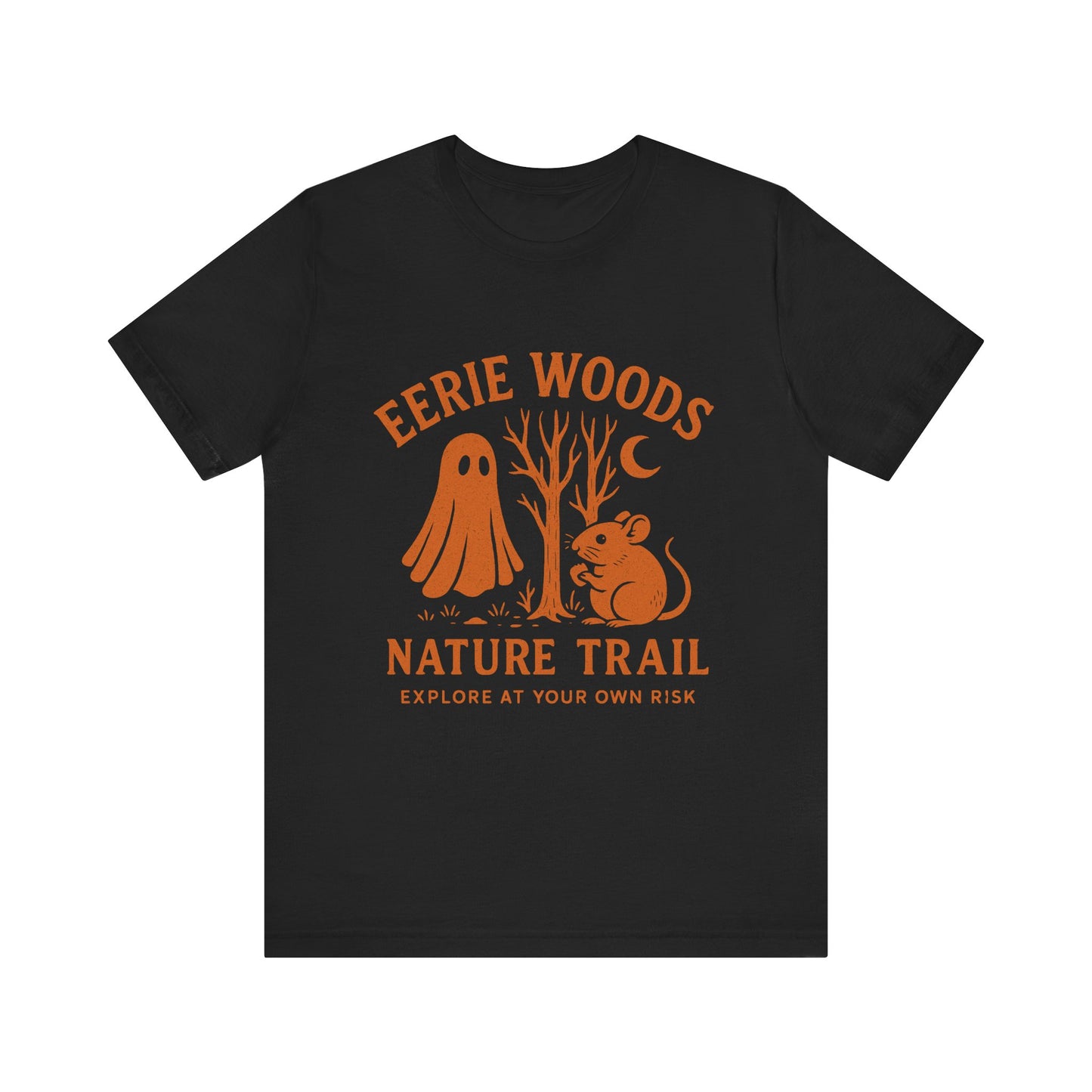 Eerie Woods Nature Trail T-Shirt - Spooky Ghost & Mouse Graphic Tee, Funny Halloween Hiking Shirt, Campfire Top, Fall Gift