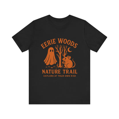 Eerie Woods Nature Trail T-Shirt - Spooky Ghost & Mouse Graphic Tee