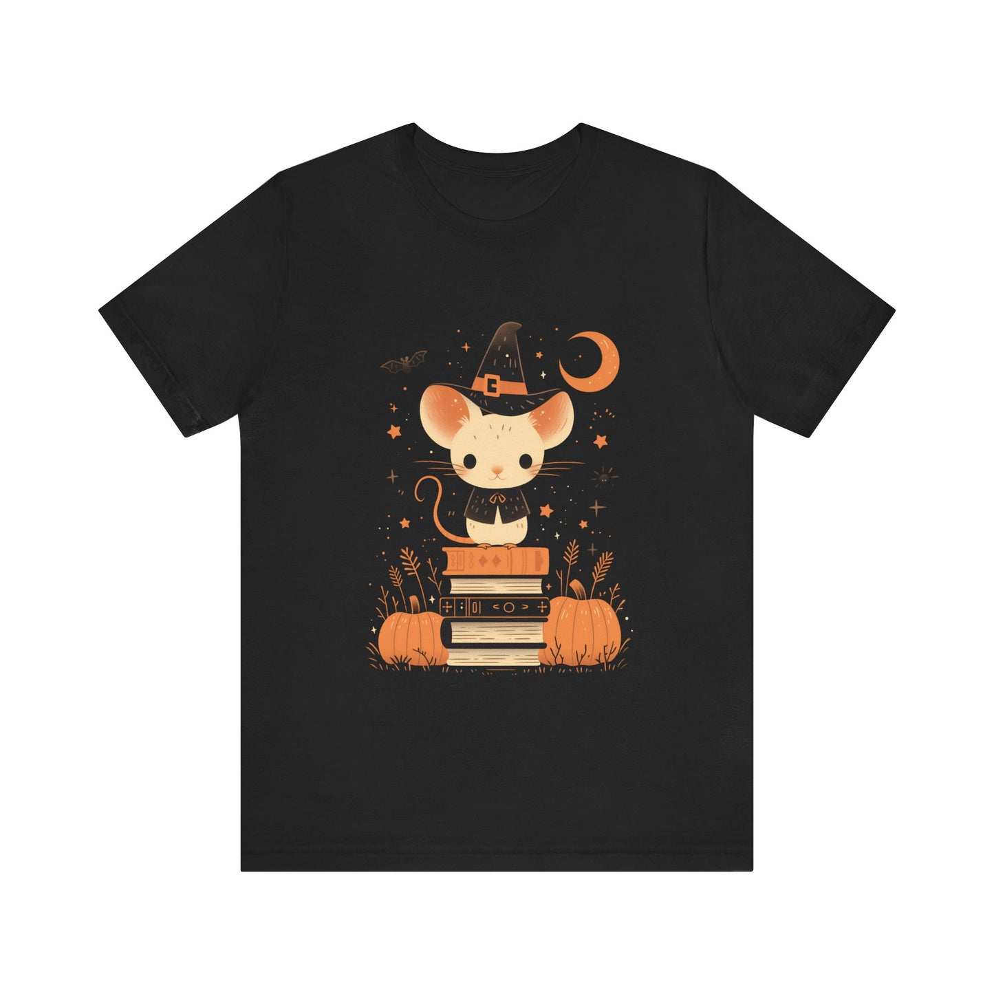 Fall Colors Cute Mouse Unisex Tee, Pumpkin Book Pile Shirt, Autumn Graphic T-Shirt, Gift for Readers, Halloween Tee, Thanksgiving Apparel