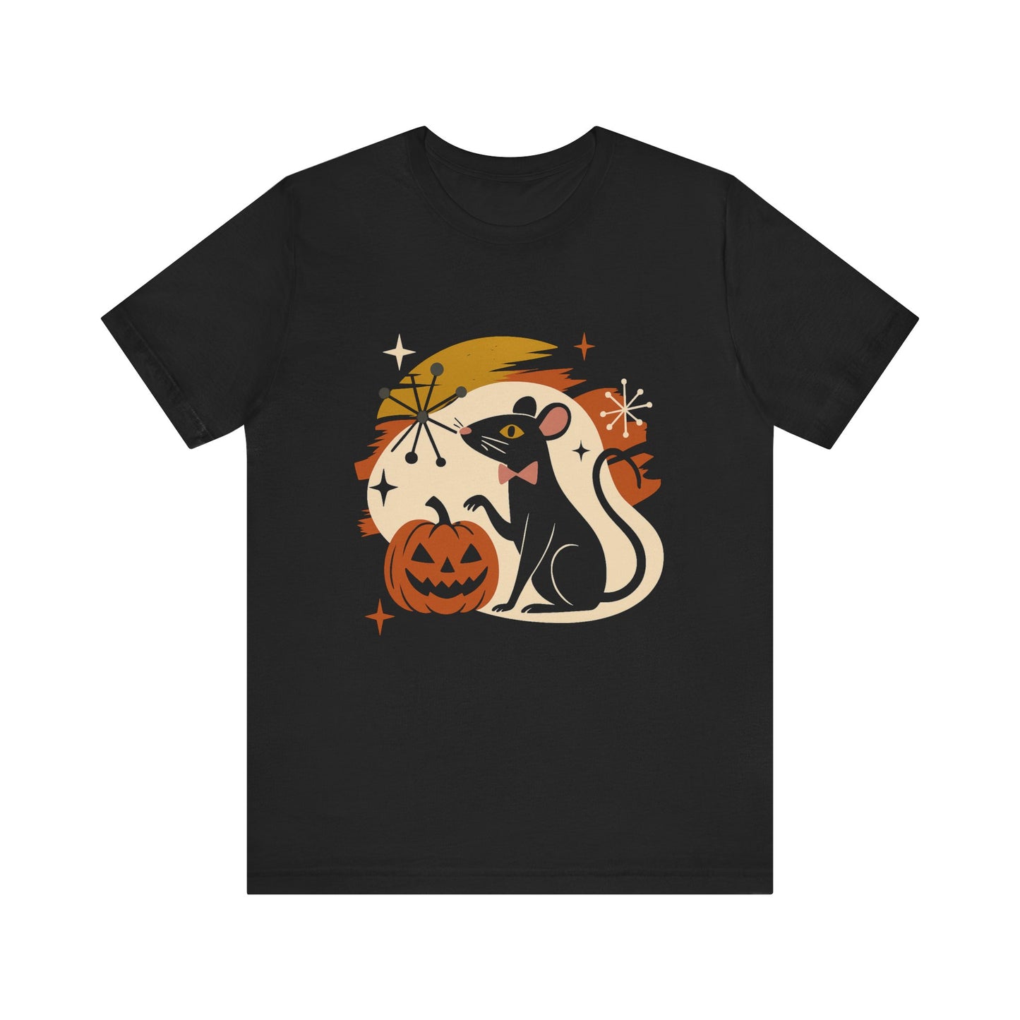 Retro Halloween Rat T Shirt - Mid Century Vintage Style Graphic Tee, Spooky Pumpkin Top, Atomic Starburst Fall Aesthetic Gift