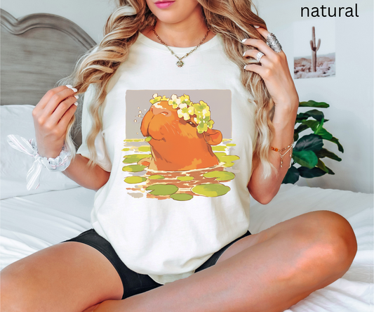Capybara Flower Crown T-Shirt | Cute Cottagecore Animal Graphic Tee for Capybara Lovers, Cozy Aesthetic & Quirky Gift Idea