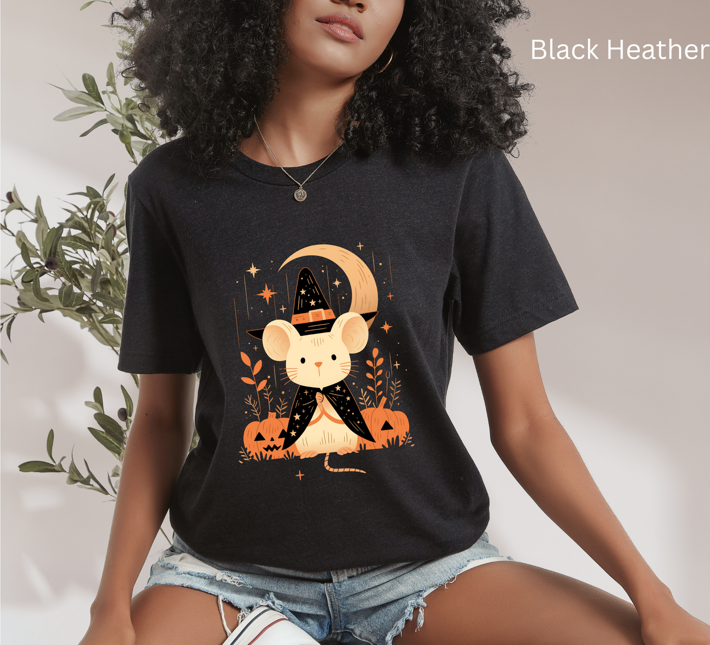 Cute Witch Mouse Halloween Shirt - Spooky Pumpkin Graphic Tee, Creepy Cute Fall Aesthetic Top, Witchy Moon Stars Autumn Outfit