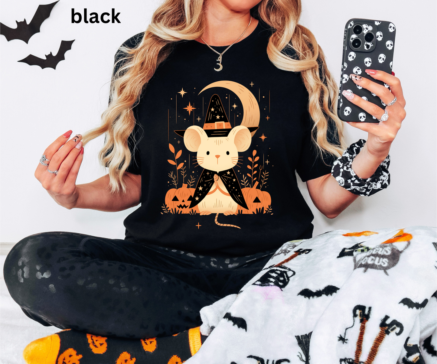 Cute Witch Mouse Halloween Shirt - Spooky Pumpkin Graphic Tee, Creepy Cute Fall Aesthetic Top, Witchy Moon Stars Autumn Outfit