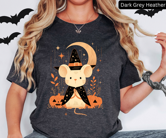 Cute Witch Mouse Halloween Shirt - Spooky Pumpkin Graphic Tee, Creepy Cute Fall Aesthetic Top, Witchy Moon Stars Autumn Outfit