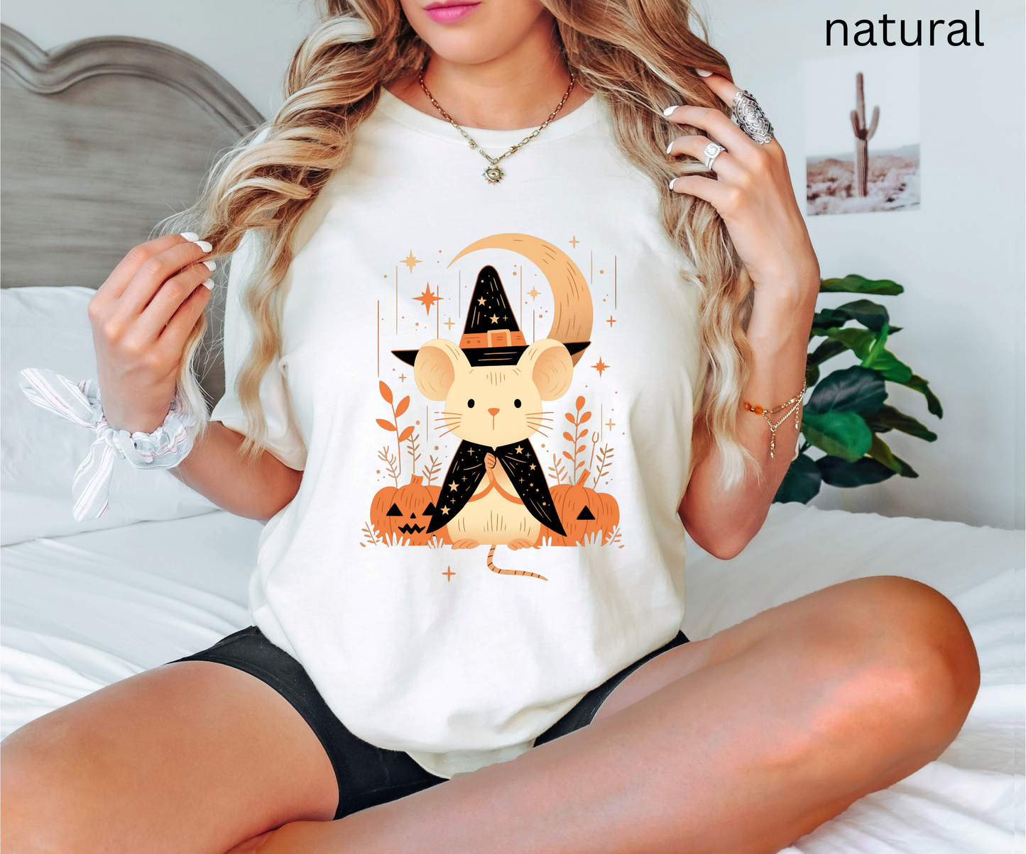 Cute Witch Mouse Halloween Shirt - Spooky Pumpkin Graphic Tee, Creepy Cute Fall Aesthetic Top, Witchy Moon Stars Autumn Outfit