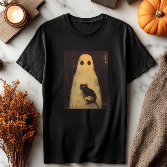 Ghost Holding Rat Shirt - Gothic Horror, Creepy Cute Halloween Graphic Tee, Spooky Season Top, Haunted Vibes Gift for Horror Fans