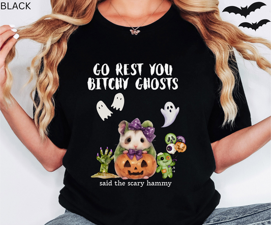 Haunted Hamster Halloween T-Shirt - Creepy Cute Ghost Rodent Tee, Spooky Humor Pumpkin Graphic Top, GO REST GHOSTS