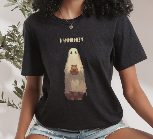 Dark academy Hamster Halloween T Shirt - Cute Ghost Holding Hamster Graphic Tee, Spooky Animal Lover Top, Hammieween Trick or Treat Gift