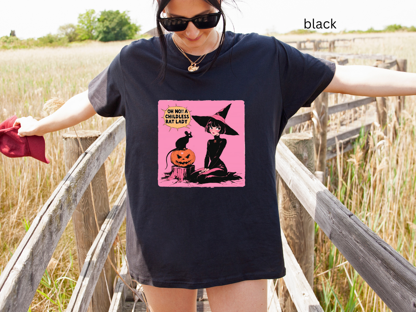 Funny Witch Rat Lady Shirt - Gothic Halloween Graphic Tee, Creepy Cute Retro Comic Style Top, Witchy Alternative Aesthetic, Womens Shirt