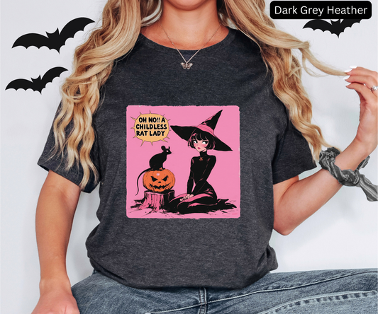 Funny Witch Rat Lady Shirt - Gothic Halloween Graphic Tee, Creepy Cute Retro Comic Style Top, Witchy Alternative Aesthetic, Womens Shirt