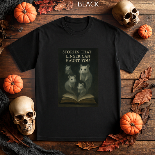 Haunted Book Shirt Ghost Mice T-Shirt - Dark Academia Spooky Graphic Tee, Gothic Halloween Top, Creepy Cute Bookish Gift