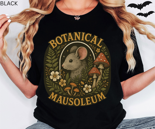 Botanical Mausoleum T Shirt - Gothic Cottagecore Graphic Tee, Dark Academia Aesthetic, Rodent Lover Gift, Mushroom Floral Apparel