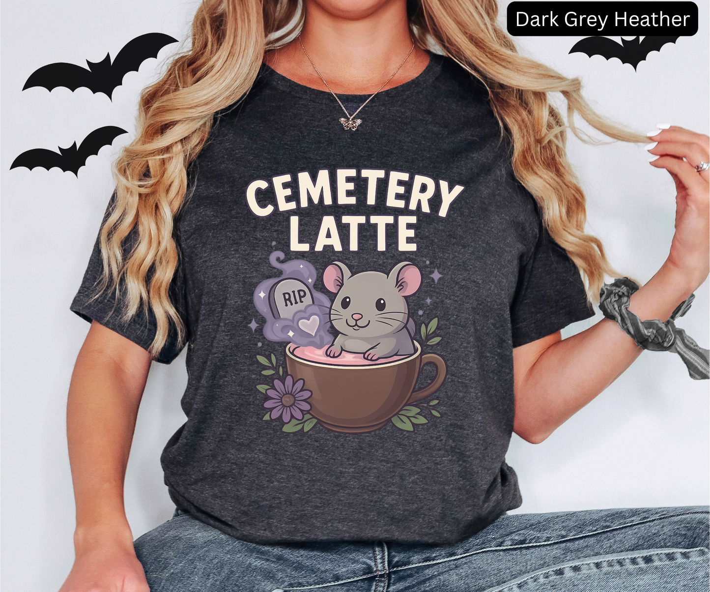 Cemetery Latte Shirt - Cute Coffee Halloween Tee, Creepy Cute Mouse, Graphic Spooky Season Top, Funny Goth Barista Gift, Coffee lovers