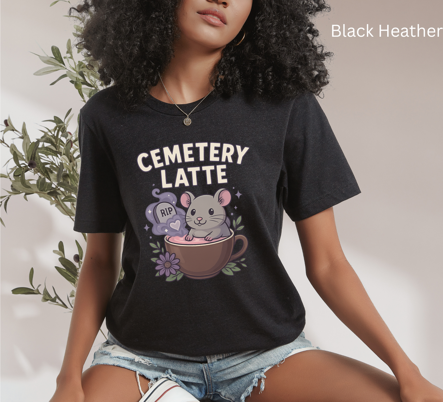 Cemetery Latte Shirt - Cute Coffee Halloween Tee, Creepy Cute Mouse, Graphic Spooky Season Top, Funny Goth Barista Gift, Coffee lovers