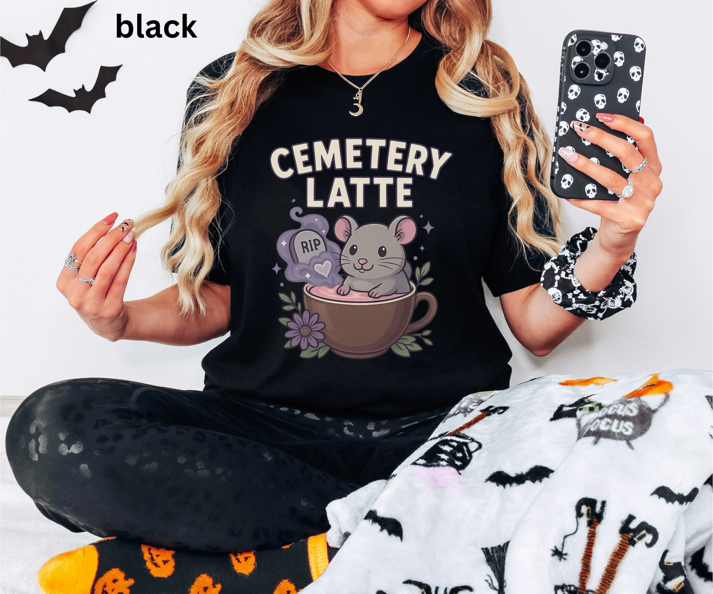 Cemetery Latte Shirt - Cute Coffee Halloween Tee, Creepy Cute Mouse, Graphic Spooky Season Top, Funny Goth Barista Gift, Coffee lovers