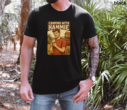 Camping With Hammie T Shirt - Hamster Lover Gift, Retro Outdoor Graphic Tee, Hiking Adventure, Pet Owner Apparel, Wilderness Style