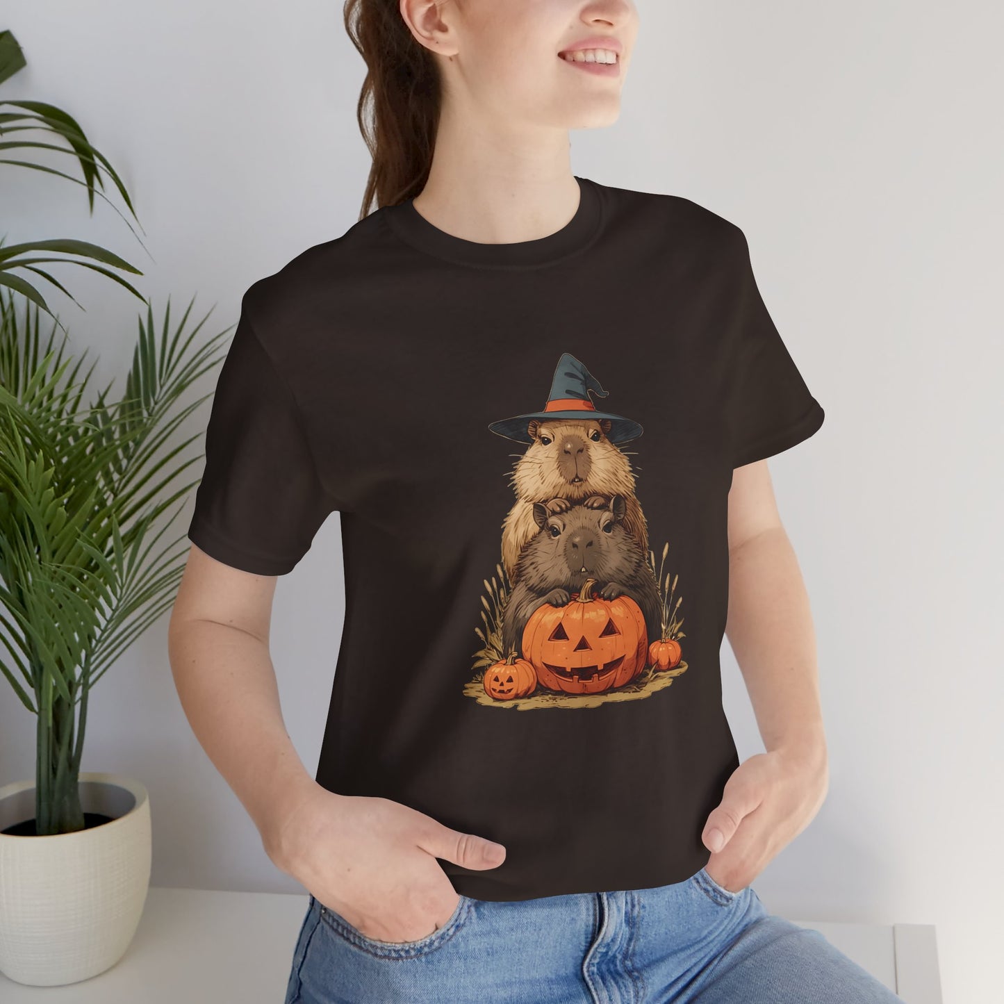 Capybara Halloween T Shirt - Cute Witch Hat Pumpkin Graphic Tee, Funny Spooky Animal Lover Top, Cozy Fall Gift for Pet Lovers