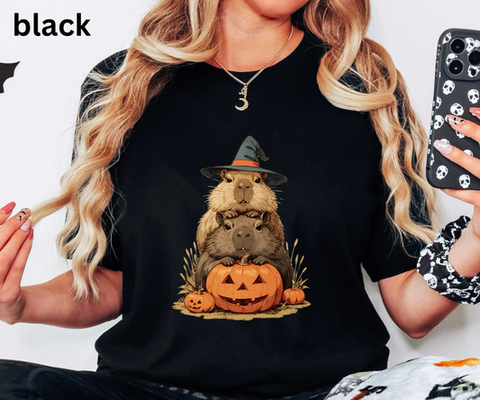 Capybara Halloween T Shirt - Cute Witch Hat Pumpkin Graphic Tee, Funny Spooky Animal Lover Top, Cozy Fall Gift for Pet Lovers