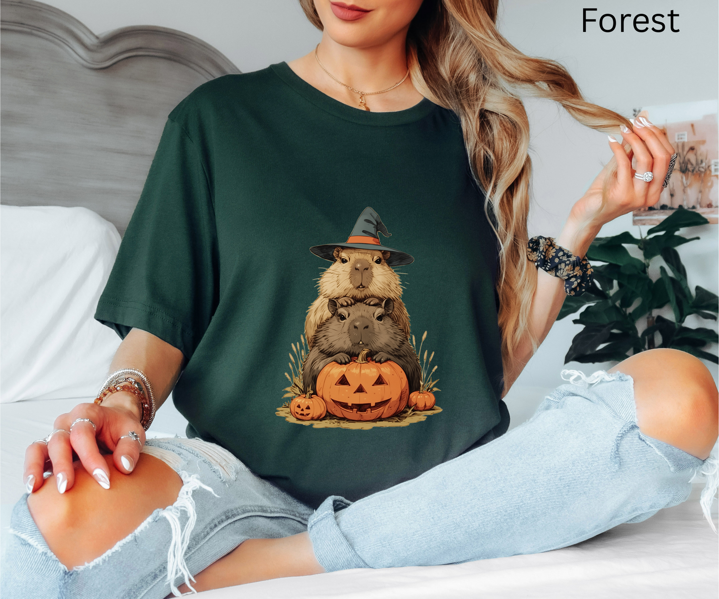Capybara Halloween T Shirt - Cute Witch Hat Pumpkin Graphic Tee, Funny Spooky Animal Lover Top, Cozy Fall Gift for Pet Lovers