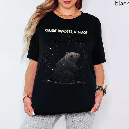 Starry Space T-Shirt - Hamster in Galaxy, Cute Space Shirt for Stargazers, Celestial Animal Graphic, Cosmic Rodent, Gift for Space Lovers