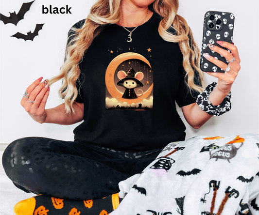 Moonlight Witch Mouse T Shirt - Oversized Ear Rodent Graphic Tee, Spooky Cute Halloween, Magical Night Shirt