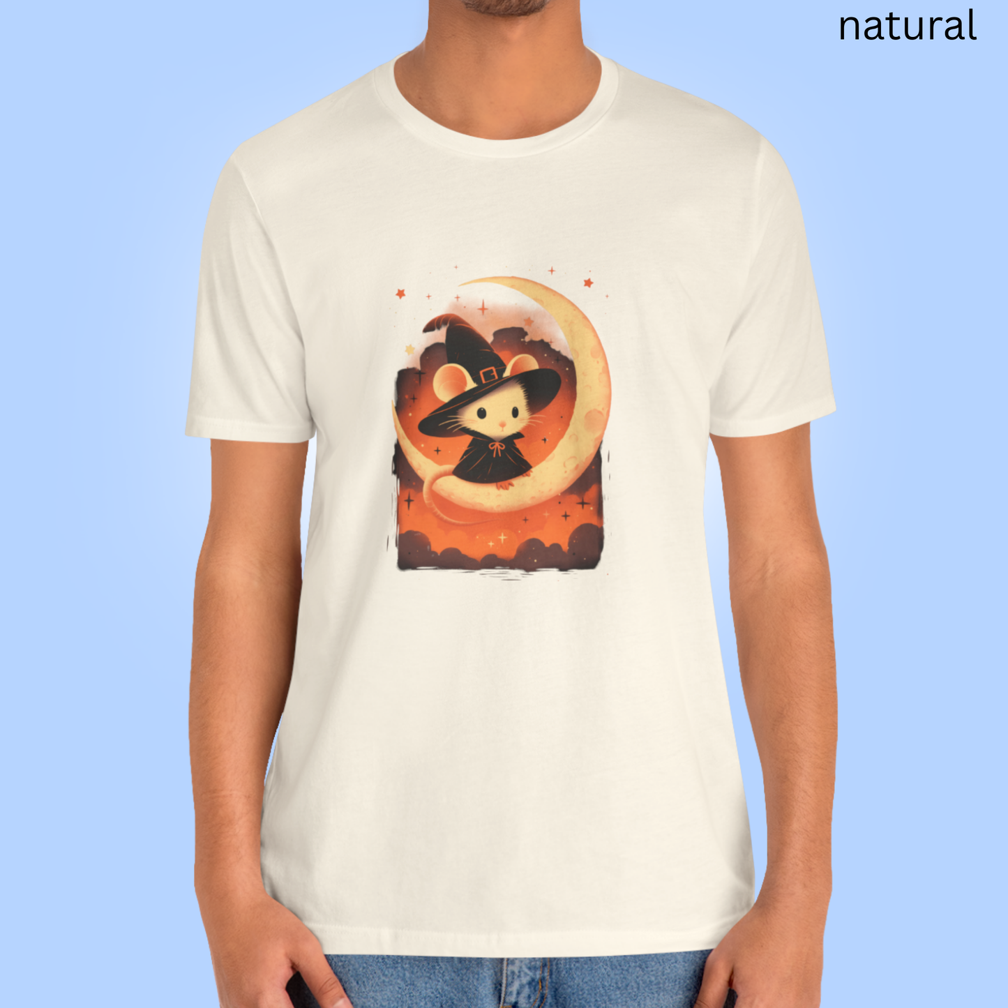 Witch Mouse Moon T Shirt - Spooky Cute Rodent Halloween Graphic Tee, Crescent Moon Starry Night, Magical Gothic Top