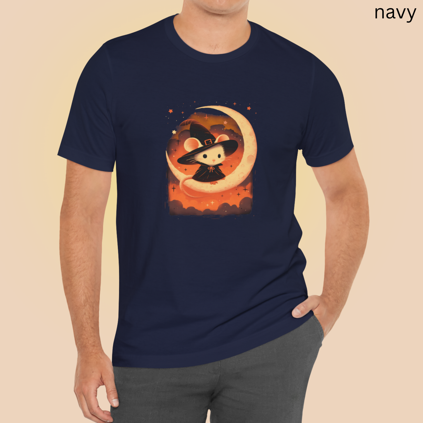 Witch Mouse Moon T Shirt - Spooky Cute Rodent Halloween Graphic Tee, Crescent Moon Starry Night, Magical Gothic Top