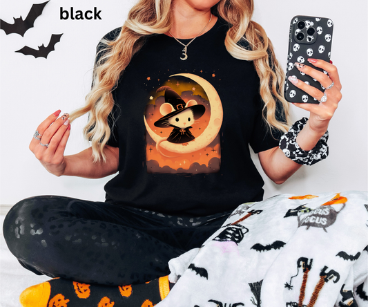 Witch Mouse Moon T Shirt - Spooky Cute Rodent Halloween Graphic Tee, Crescent Moon Starry Night, Magical Gothic Top