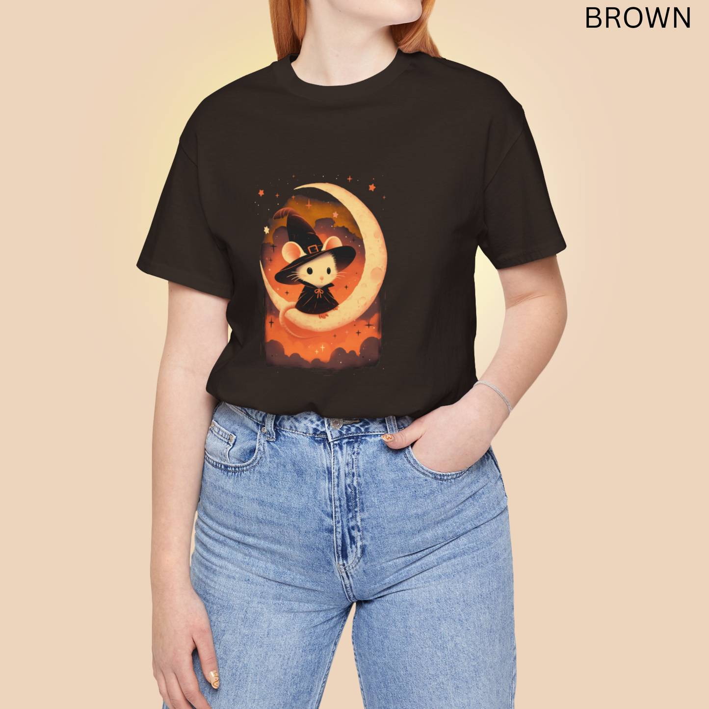 Witch Mouse Moon T Shirt - Spooky Cute Rodent Halloween Graphic Tee, Crescent Moon Starry Night, Magical Gothic Top
