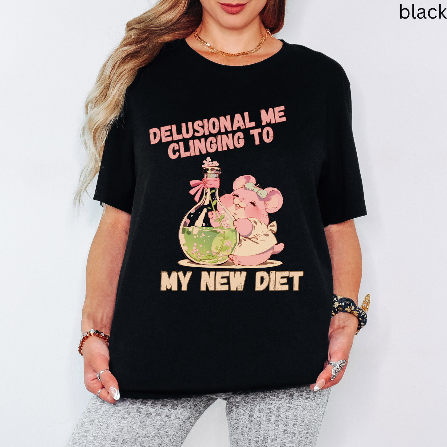 Diet Humor T Shirt - Delusional Me Quote, Mouse Graphic Tee, Fitness Gift, Whimsical Animal Apparel, Retro Kawaii Style Fashion