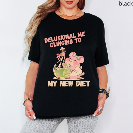 Diet Humor T Shirt - Delusional Me Quote, Mouse Graphic Tee, Fitness Gift, Whimsical Animal Apparel, Retro Kawaii Style Fashion
