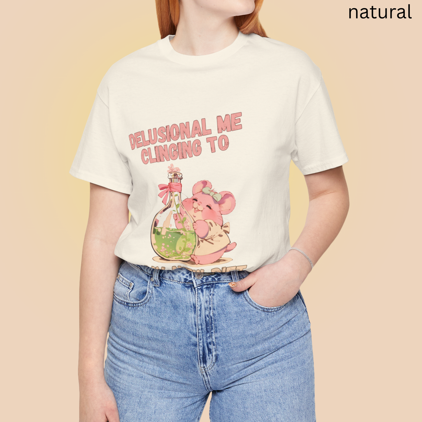 Diet Humor T Shirt - Delusional Me Quote, Mouse Graphic Tee, Fitness Gift, Whimsical Animal Apparel, Retro Kawaii Style Fashion