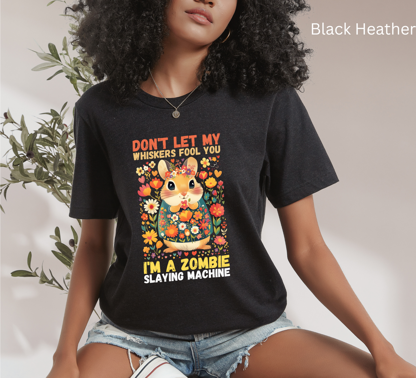 Girly Hamster Zombie Slayer Shirt - Dark Fantasy Gamer Tee, Cute Goth Humor Pet Lover T-Shirt, Floral Aesthetic Rodent Top