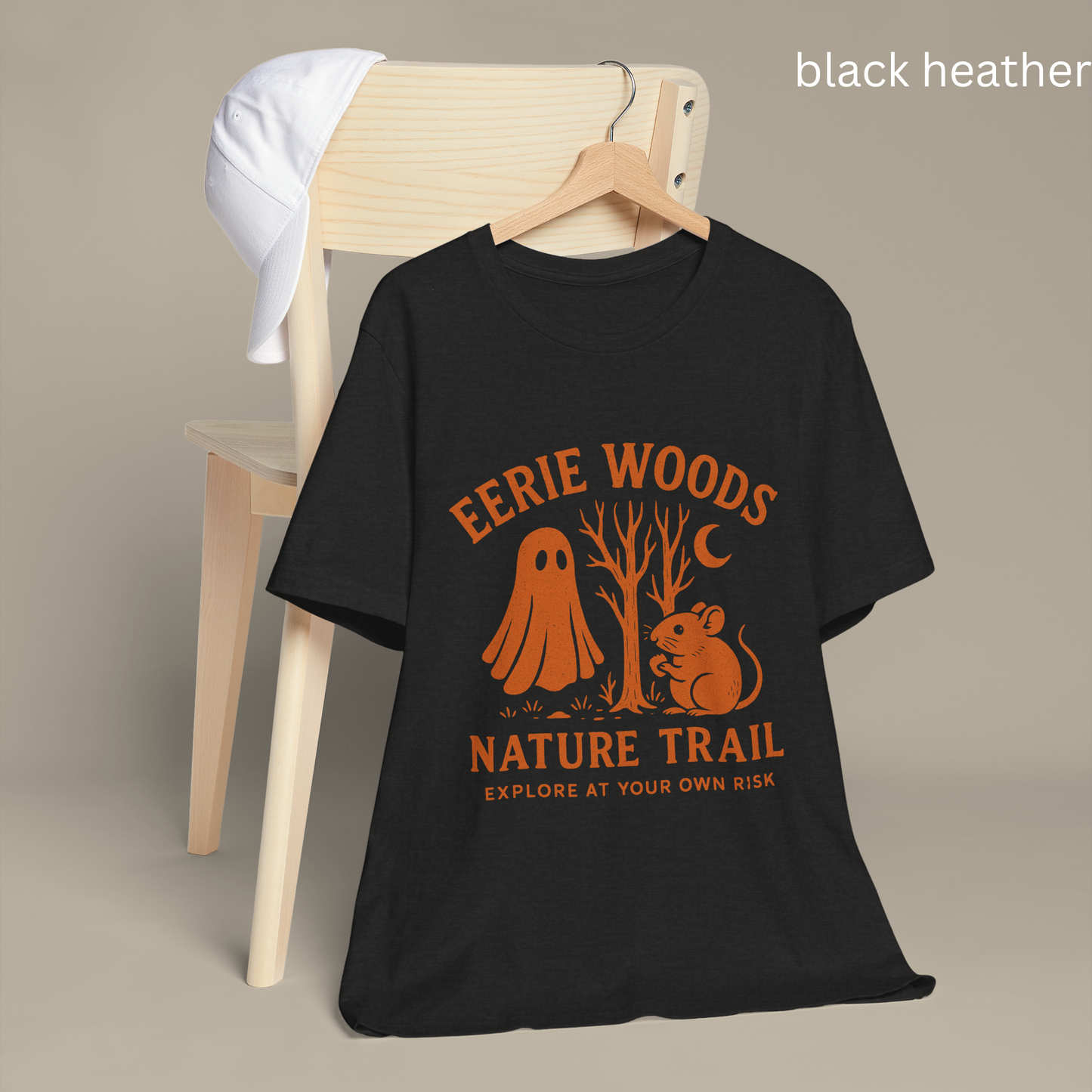 Eerie Woods Nature Trail T-Shirt - Spooky Ghost & Mouse Graphic Tee, Funny Halloween Hiking Shirt, Campfire Top, Fall Gift