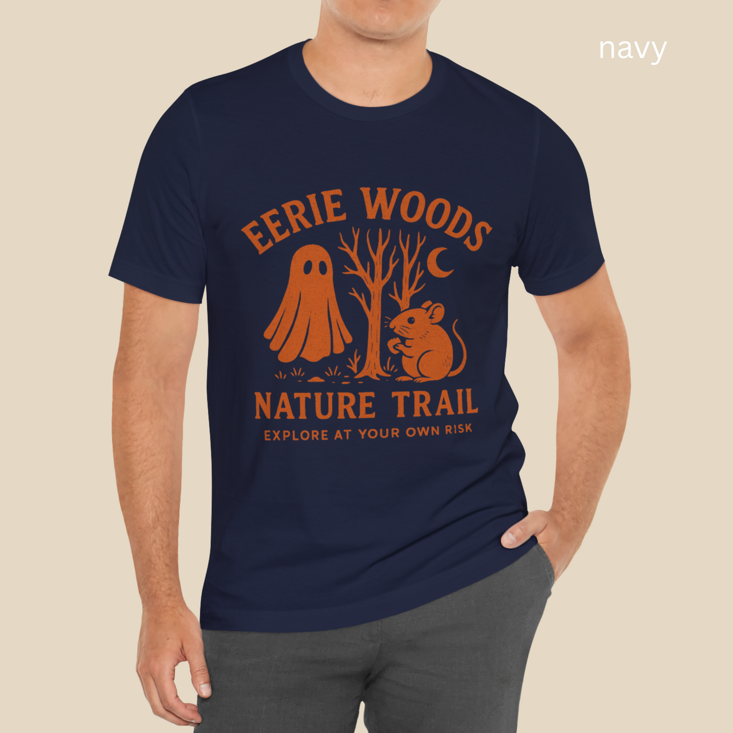 Eerie Woods Nature Trail T-Shirt - Spooky Ghost & Mouse Graphic Tee, Funny Halloween Hiking Shirt, Campfire Top, Fall Gift